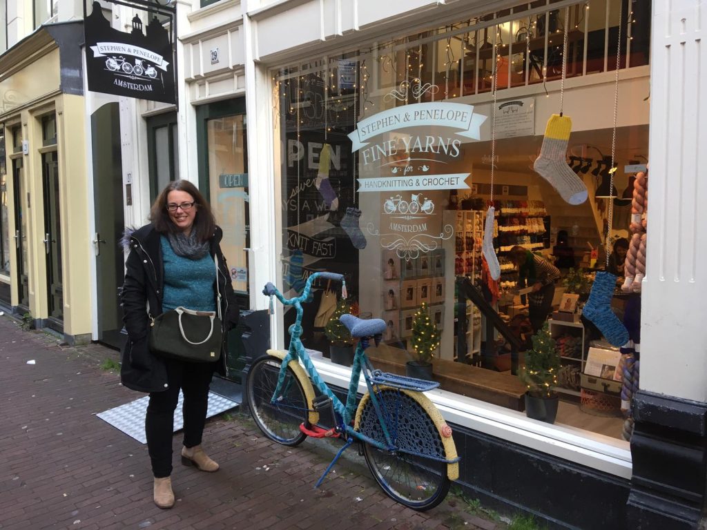 Trish outside Stephen and Penelope Yarn Shop in Amsterdam