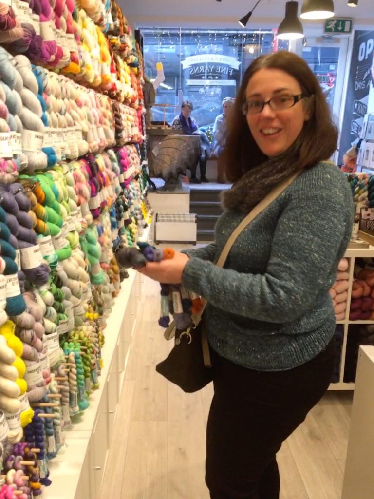 Trish shopping in Stephen and Penelope Yarn Shop